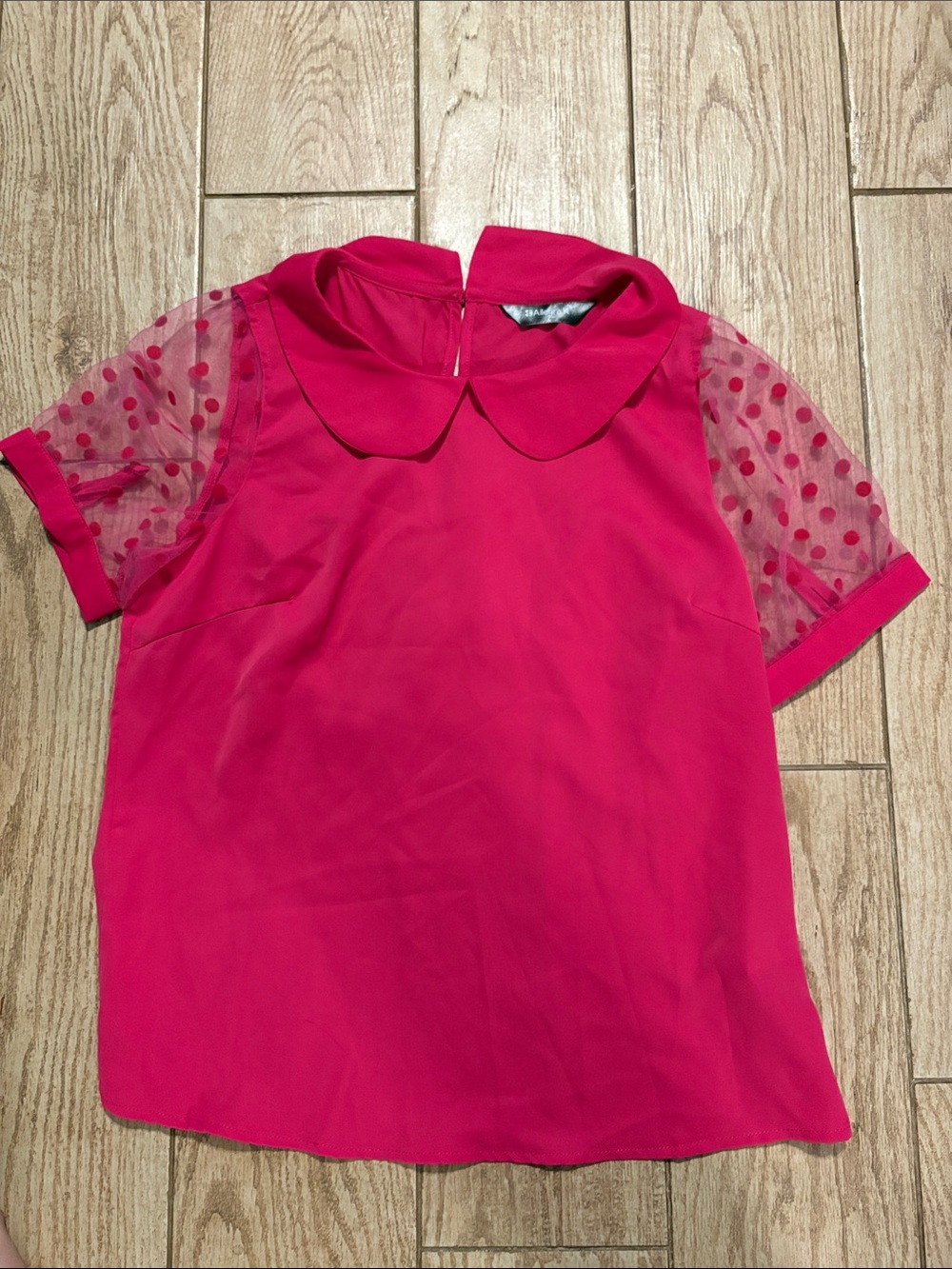 Allegra K Hot Pink Dot Mesh Sleeve Peter Pan Collar Top